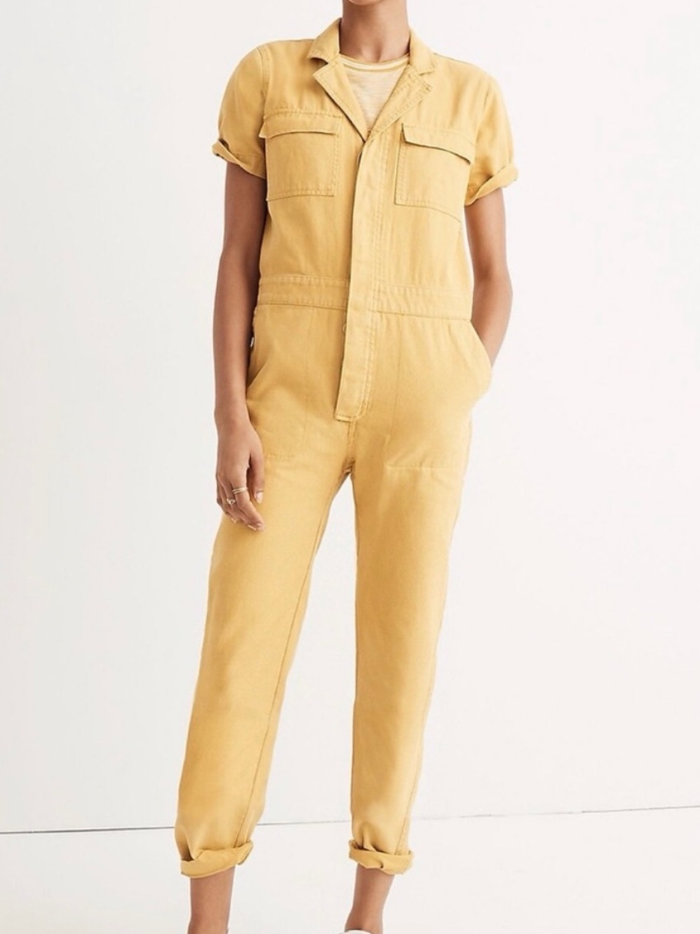 Madewell Short-Sleeve Button-Front Jumpsuit in Mustard